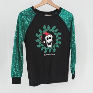 Disney Jack Skellington Christmas Sequin Sweater‎ Black Green Women Junior XS